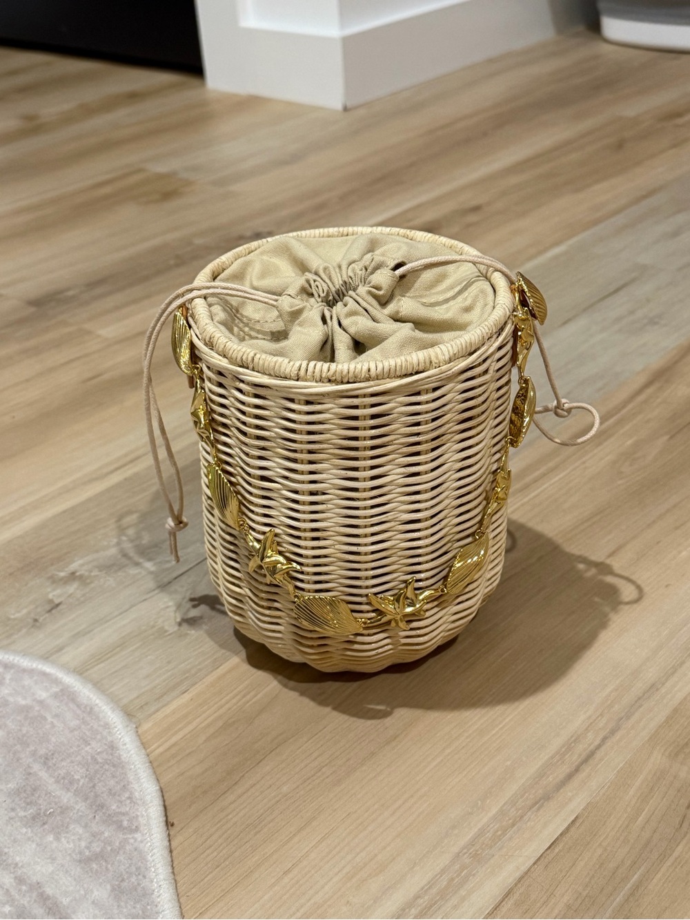 Woven Straw Bucket Bag with Gold Shell Charms - Cream